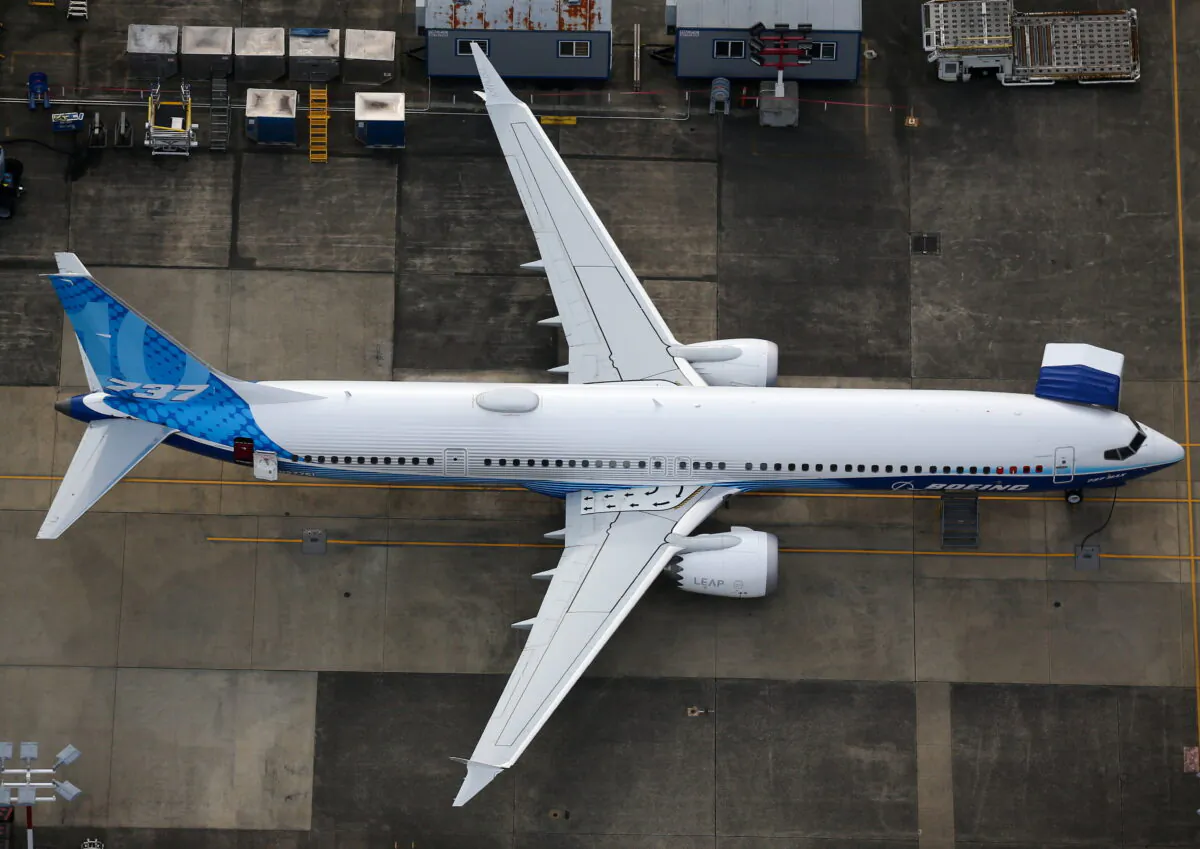 An aerial view of a Boeing 737 MAX 10 airplane parked at King County International Airport-Boeing Field in Seattle, Wash., on June 1, 2022. (Lindsey Wasson/Reuters)