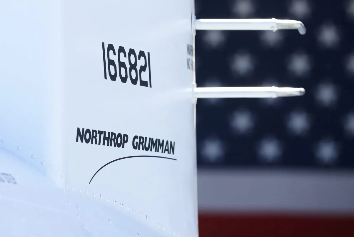 The corporate logo of Northrop Grumman on a Fire Scout MQ-8 B unmanned helicopter during a ceremony at Naval Air Station North Island in Coronado, Calif., on May 2, 2013. (Mike Blake/Reuters)