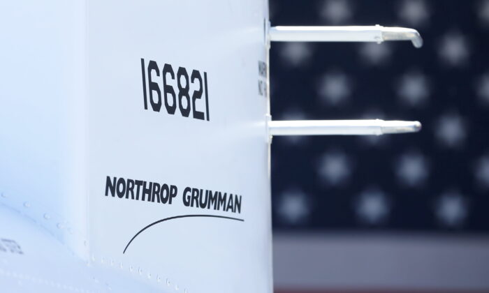 The corporate logo of Northrop Grumman on a Fire Scout MQ-8 B unmanned helicopter during a ceremony at Naval Air Station North Island in Coronado, Calif., on May 2, 2013. (Mike Blake/Reuters)