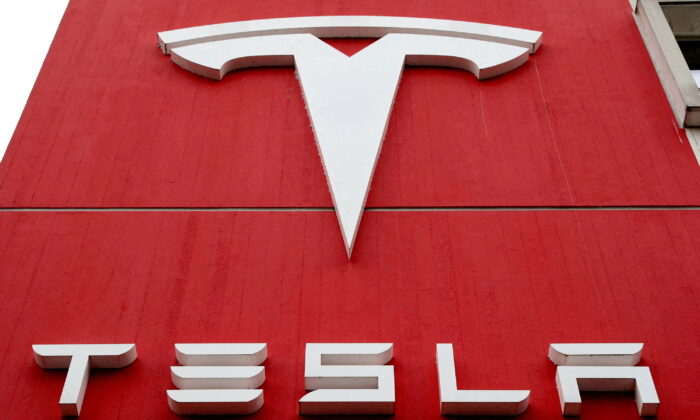 The logo of car manufacturer Tesla at a branch office in Bern, Switzerland on Oct. 28, 2020. (Arnd Wiegmann/Reuters)
