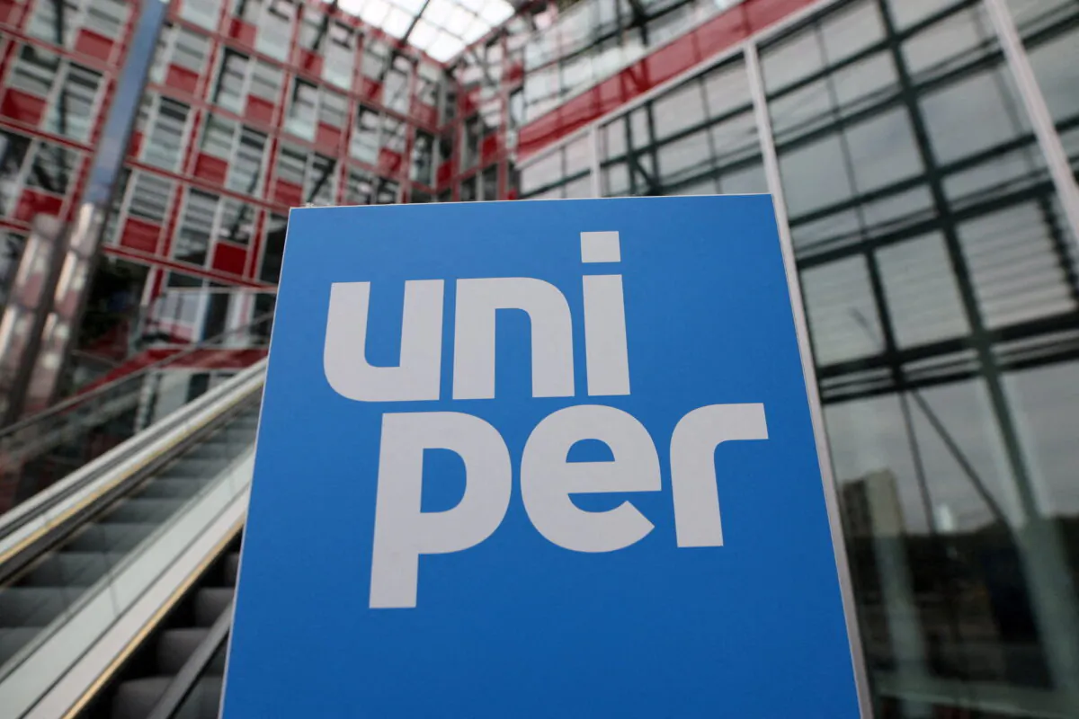 The Uniper logo in front of the utility's firm headquarters in Duesseldorf, Germany, on July 8, 2022. (Wolfgang Rattay/Reuters)