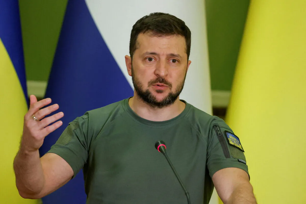 Ukrainian President Volodymyr Zelenskyy attends a joint news briefing with Dutch Prime Minister Mark Rutte (not seen) in Kyiv, Ukraine, on July 11, 2022. (Valentyn Ogirenko/Reuters)
