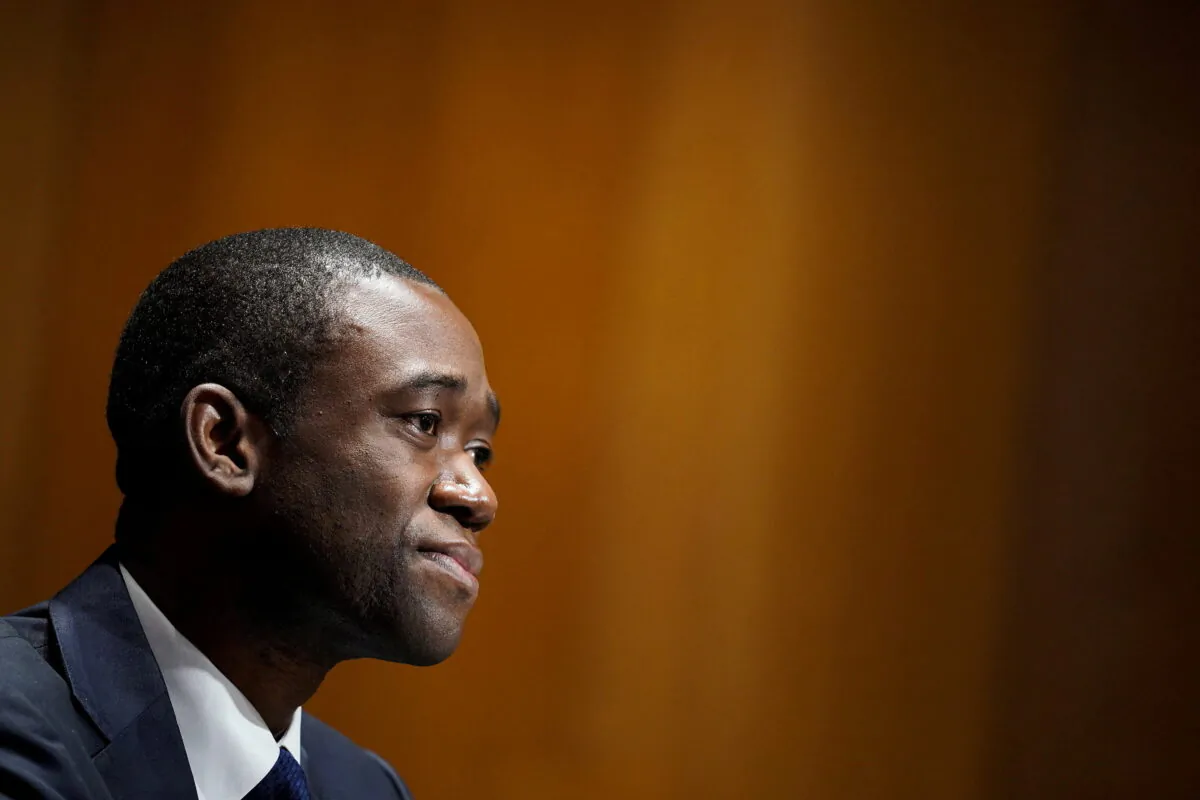 Adewale "Wally" Adeyemo at his Senate Finance Committee nomination hearing to be Deputy Secretary of the Treasury in the Dirksen Senate Office Building, in Washington, D.C., on Feb. 23, 2021. (Greg Nash/Pool via Reuters