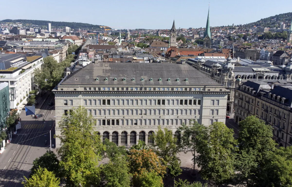 A general view shows the building of the Swiss National Bank (SNB) in Zurich, Switzerland, on June 23, 2022. Picture taken with a drone. (Arnd Wiegmann/Reuters)