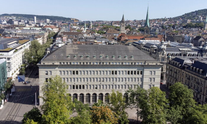A general view shows the building of the Swiss National Bank (SNB) in Zurich, Switzerland, on June 23, 2022. Picture taken with a drone. (Arnd Wiegmann/Reuters)