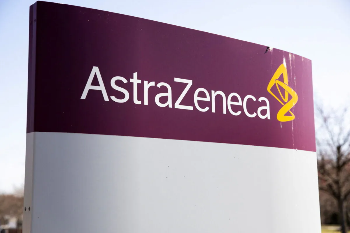 The logo for AstraZeneca outside its North America headquarters in Wilmington, Del., on March 22, 2021.  (Rachel Wisniewski/Global Business Week Ahead/Reuters)