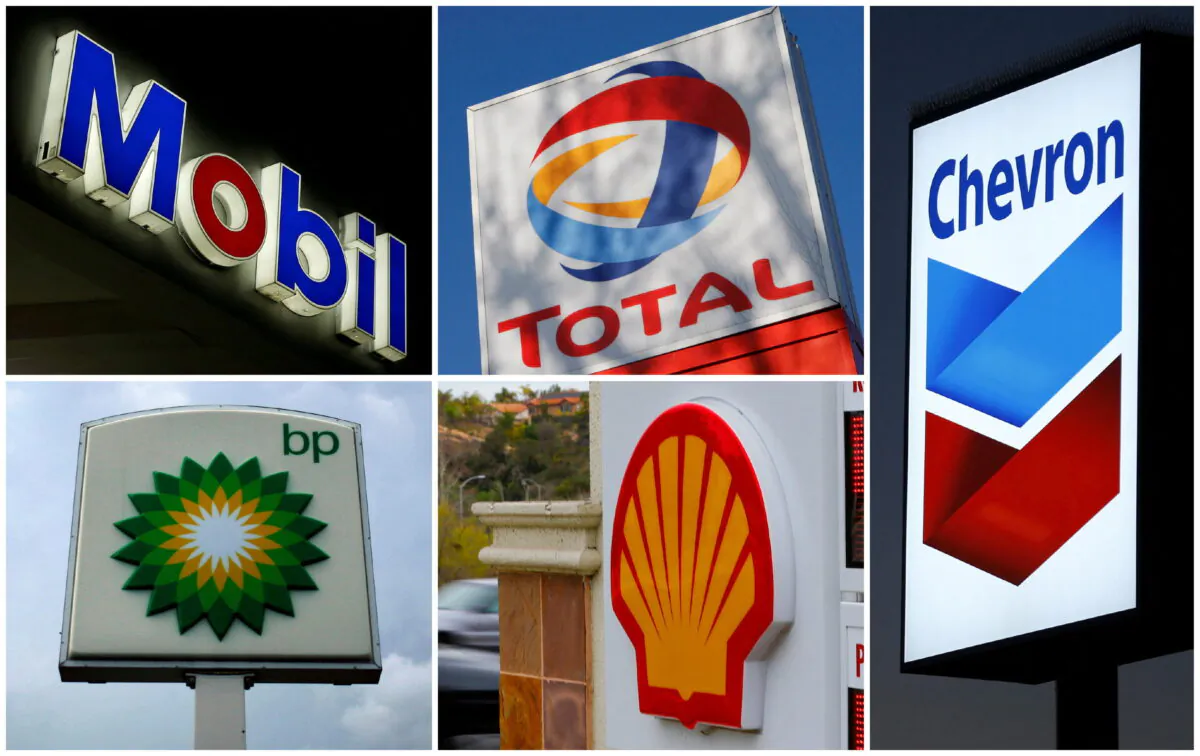 A combination of file photos shows the logos of five of the largest publicly traded oil companies: BP, Chevron, ExxonMobil, Royal Dutch Shell, and Total. (File Photo/Reuters)