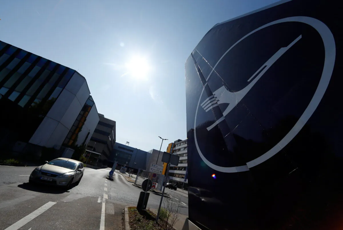 The Lufthansa logo is pictured at Frankfurt Airport in Germany on Sept. 21, 2020. (Ralph Orlowski/Reuters)