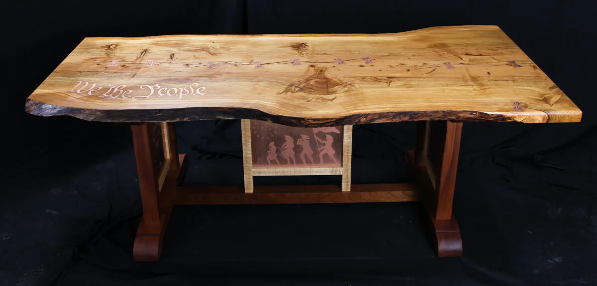 The tabletop is inlaid with words from the Preamble to the U.S. Constitution. (Courtesy of Jason Byers)