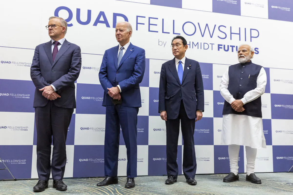 (L-R) Australian Prime Minister Anthony Albanese, President Joe Biden, Japanese Prime Minister Fumio Kishida, and Indian Prime Minister Narendra Modi attend the Quad Fellowship Founding Celebration event in Tokyo, Japan, on May 24, 2022. (Yuichi Yamazaki/Getty Images)
