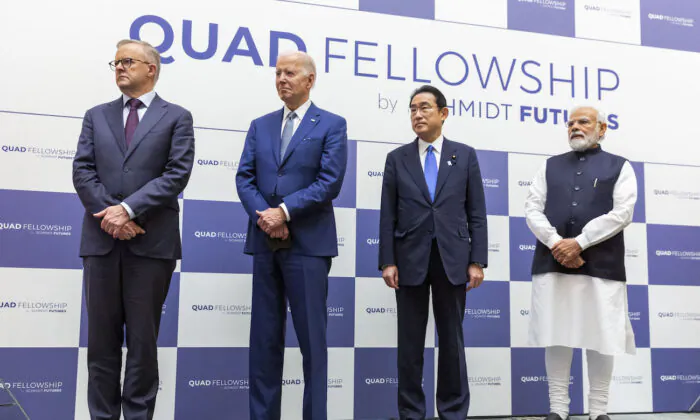(L-R) Australian Prime Minister Anthony Albanese, President Joe Biden, Japanese Prime Minister Fumio Kishida, and Indian Prime Minister Narendra Modi attend the Quad Fellowship Founding Celebration event in Tokyo, Japan, on May 24, 2022. (Yuichi Yamazaki/Getty Images)