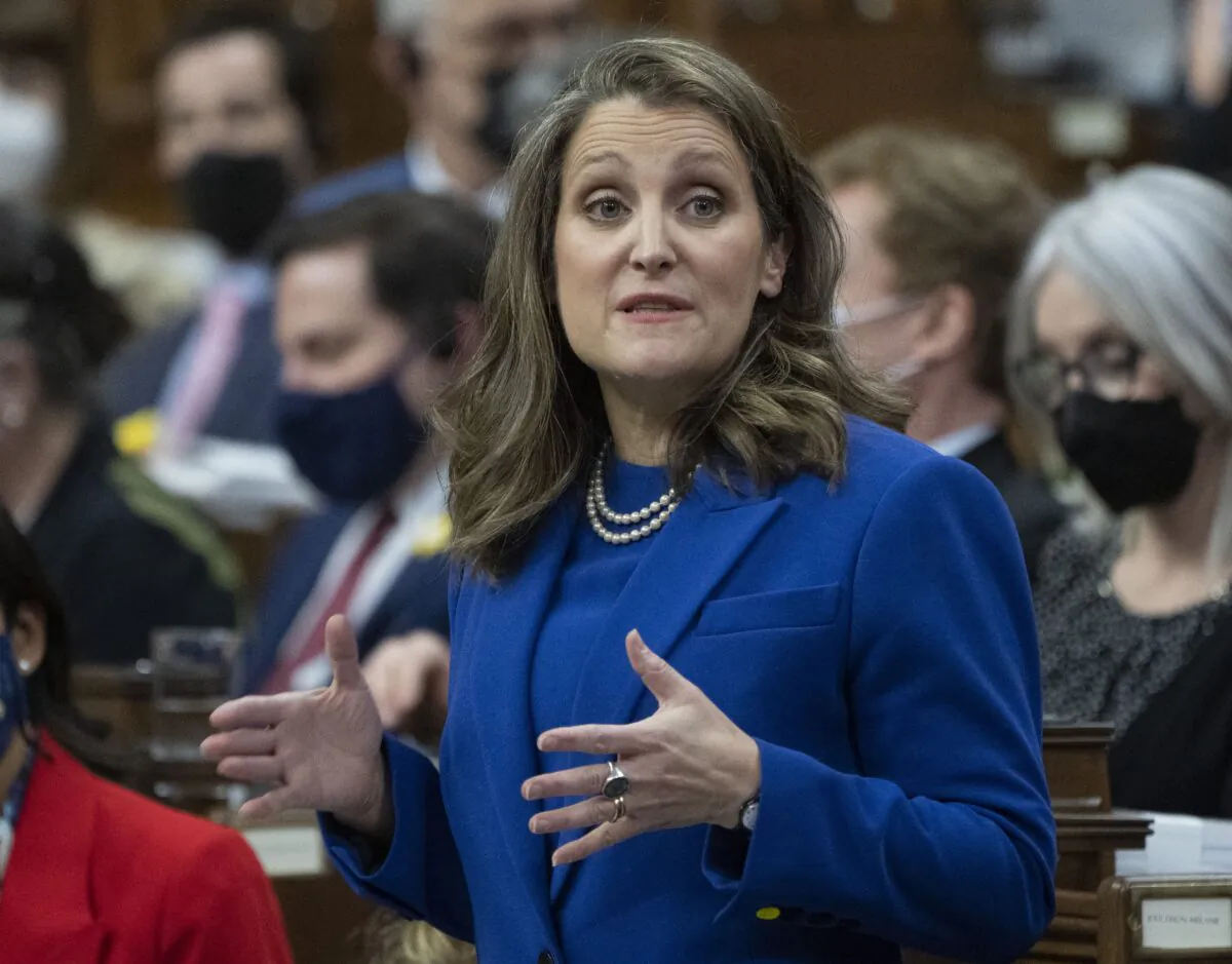 Deputy Prime Minister and Finance Minister Chrystia Freeland responds to questions from the opposition after delivering the federal budget in the House of Commons in Ottawa on April 7, 2022. (The Canadian Press/Adrian Wyld)