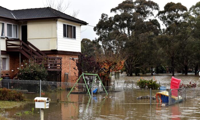A general view shows a flooded residential area from the overflowing Hawkesbury River in Sydney, Australia, on July 6, 2022. (Muhammad Farooq/AFP via Getty Images)