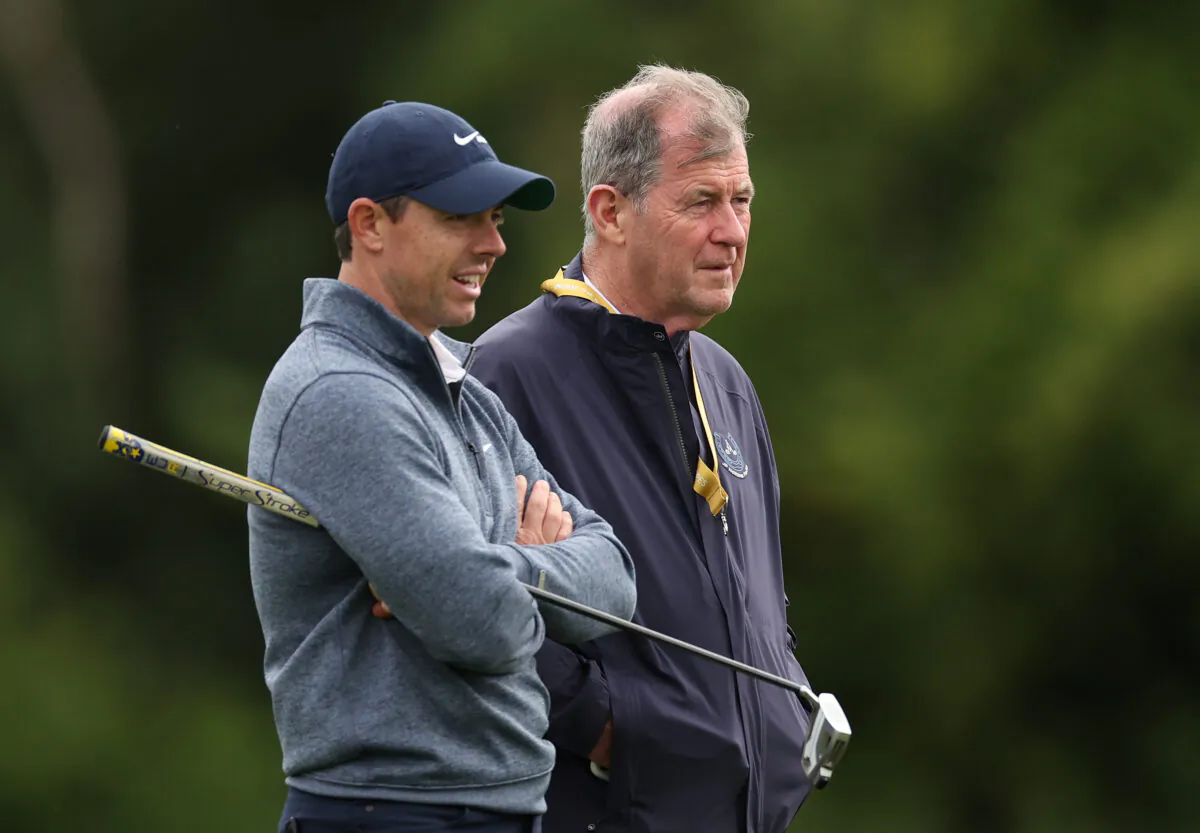 Rory McIlroy of Northern Ireland with JP McManus during Day One of the JP McManus Pro-Am at Adare Manor, in Limerick, Ireland, on July 04, 2022. (Oisin Keniry/Getty Images)