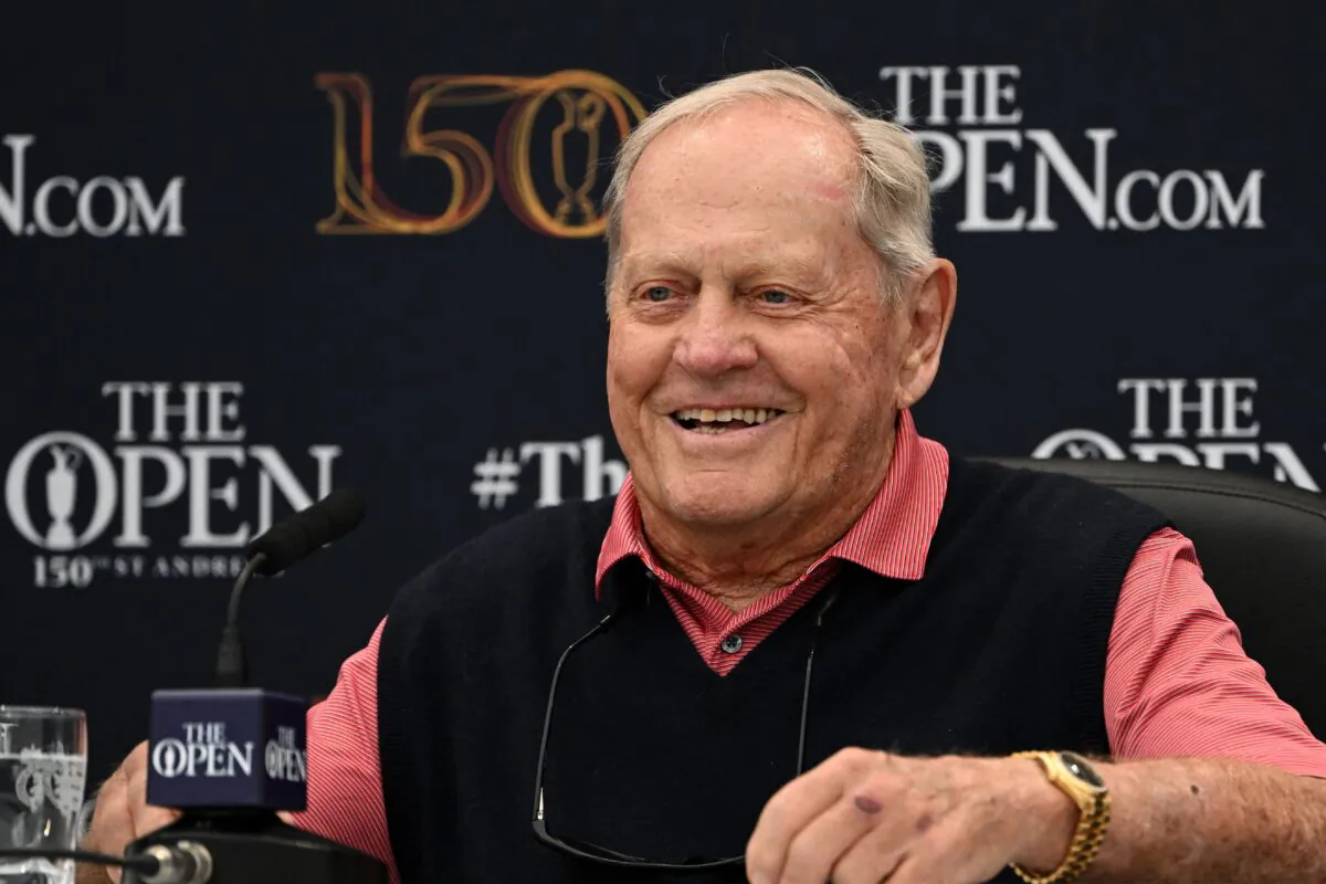 Winner of The Open in 1966, 1970 and 1978, former golfer Jack Nicklaus smiles during a press conference ahead of The 150th British Open Golf Championship on The Old Course at St Andrews in Scotland on July 11, 2022. (Paul Ellis/AFP via Getty Images)
