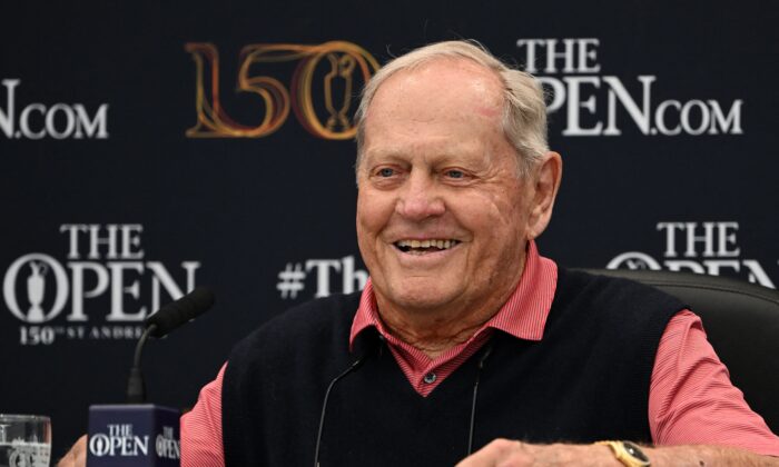 Winner of The Open in 1966, 1970 and 1978, former golfer Jack Nicklaus smiles during a press conference ahead of The 150th British Open Golf Championship on The Old Course at St Andrews in Scotland on July 11, 2022. (Paul Ellis/AFP via Getty Images)