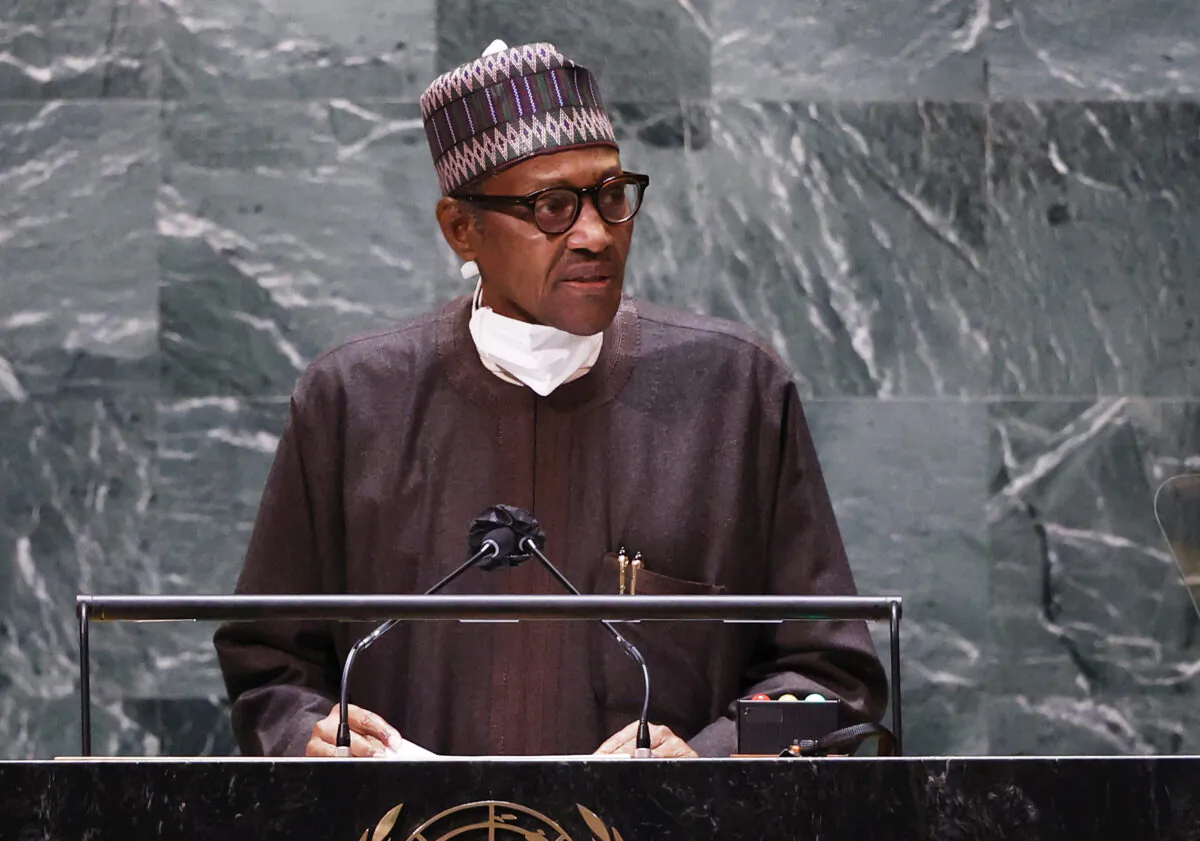 Nigerian president Muhammadu Buhari addresses the 76th Session of the U.N. General Assembly on Sept. 24, 2021 in New York City. (John Angelillo/Getty Images)