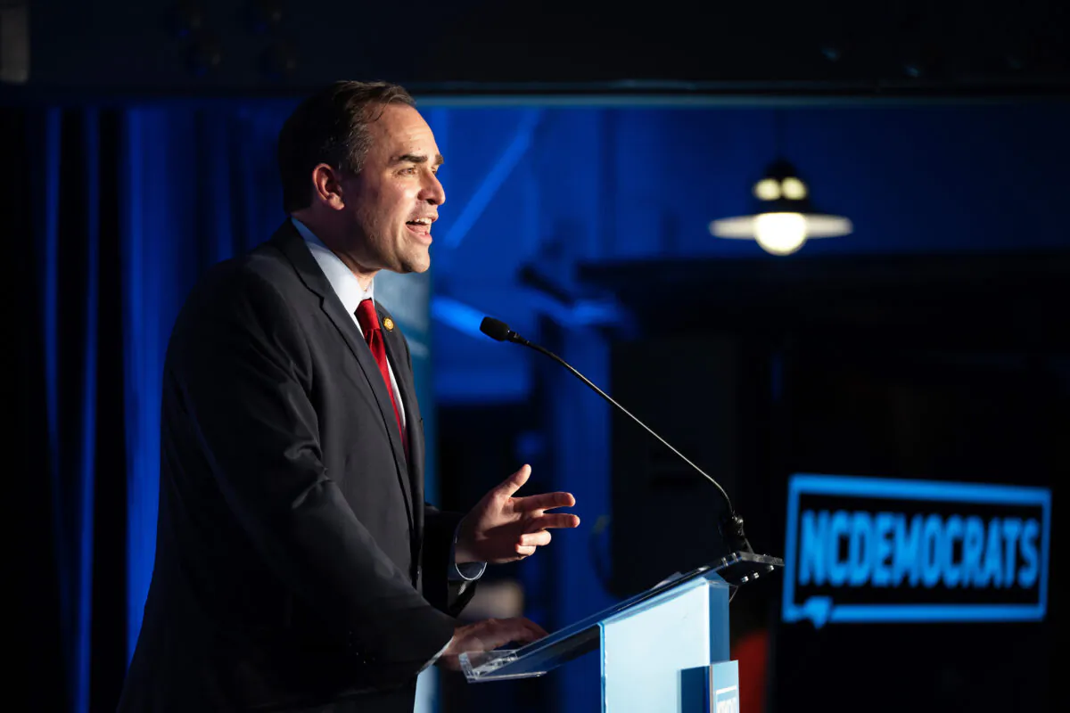 North Carolina State Sen. Wiley Nickel (D) speaks to a crowd after winning the Democratic primary for the 13th congressional district of North Carolina at an election night event in Raleigh, N.C., on May 17, 2022.. (Sean Rayford/Getty Images)