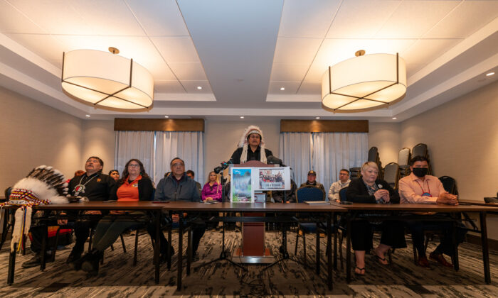 Red Earth Cree Nation Chief Fabian Head, middle, speaks during a press conference about the missing Red Cree Nation boy, Frank Young in Prince Albert, Sask., on May 16, 2022. (The Canadian Press/Heywood Yu)