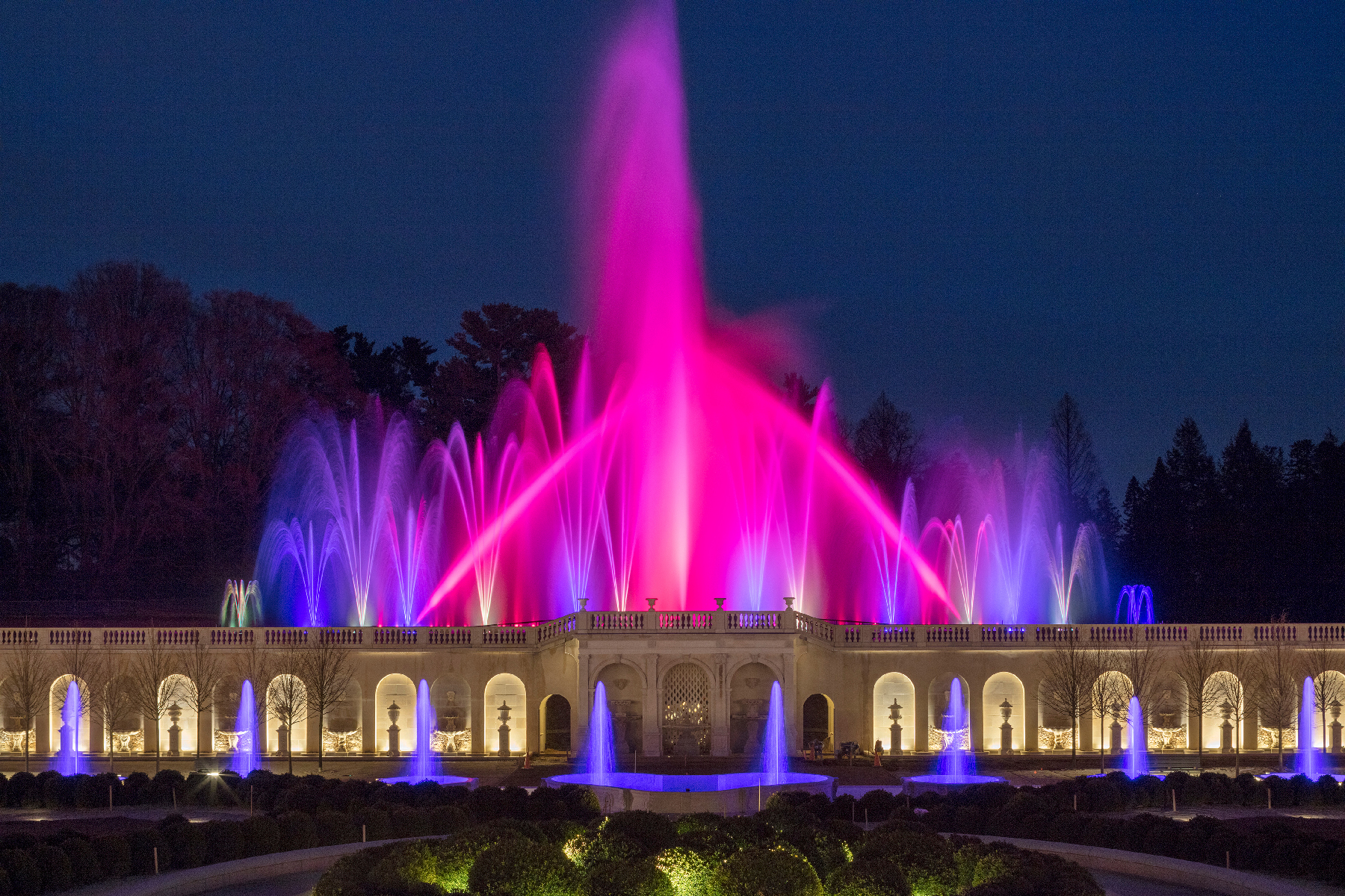 Colorful fountains set to music at Longwood Gardens in Wilmington, Delaware.