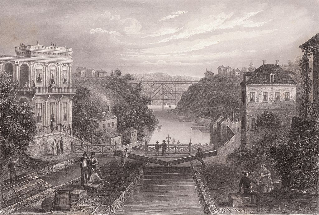 An original lithograph of
the Erie Canal at Lockport, N.Y., circa 1855.
 (Public Domain)