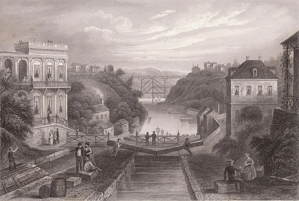An original lithograph of
the Erie Canal at Lockport, N.Y., circa 1855.
(Public Domain)