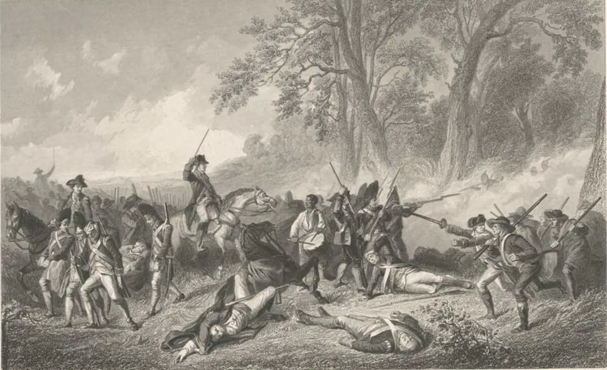 An engraving depicts the fall of General Braddock. It is part of the Emmet Collection of Manuscripts Etc. (New York Public Library)
