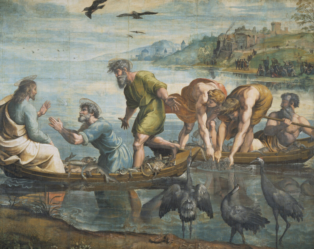 "The Miraculous Draught of Fishes," 1515, by Raphael. Cartoon for tapestry in bodycolor over charcoal on many sheets of paper, mounted on canvas; 11.8 feet by 13.1 feet. Royal Collection. Victoria and Albert Museum. (Public Domain)