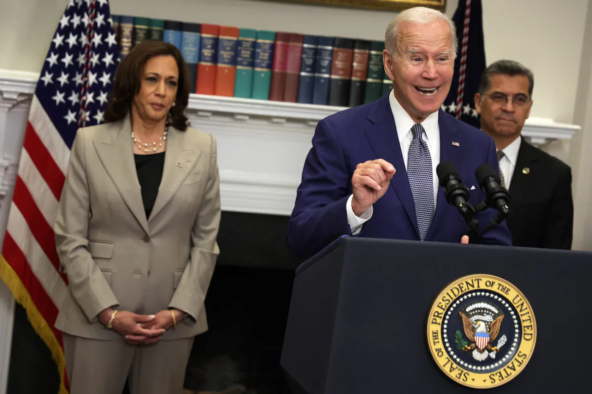 President Joe Biden delivers remarks on reproductive rights as (L-R) Vice President Kamala Harris, and Secretary of Health and Human Services Xavier Becerra listen during an event at the Roosevelt Room of the White House in Washington, on July 8, 2022. (Alex Wong/Getty Images)