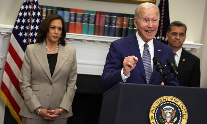 President Joe Biden delivers remarks on reproductive rights as (L-R) Vice President Kamala Harris, and Secretary of Health and Human Services Xavier Becerra listen during an event at the Roosevelt Room of the White House in Washington, on July 8, 2022. (Alex Wong/Getty Images)