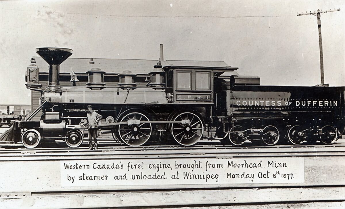 Countess of Dufferin, the first steam locomotive
in Western Canada, arrives at Winnipeg, Oct. 8, 1877. (Public Domain)