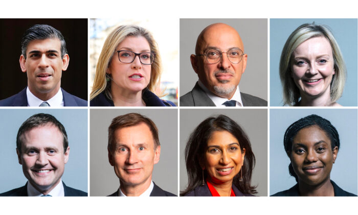 The eight candidates in the Conservative Party leadership race. (Top, L-R) Rishi Sunak, Penny Mordaunt, Nadhim Zahawi, and Liz Truss; (Bottom, L-R) Tom Tugendhat, Jeremy Hunt, Suella Braverman, and Kemi Badenoch. (UK Parliament/PA Media)