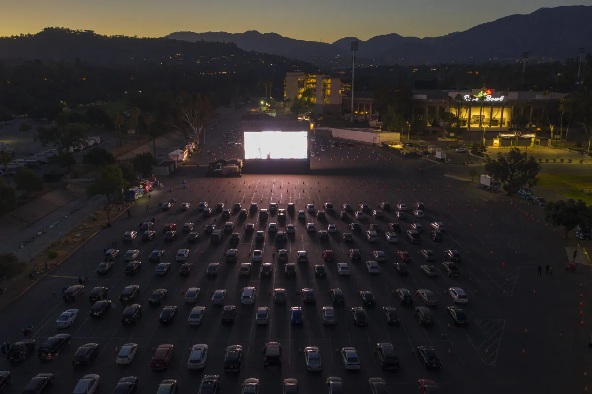 An aerial drone view shows a temporary drive-in movie theater at the Rose Bowl stadium, in Pasadena, Calif., on July 4, 2020. (David McNew/Getty Images)