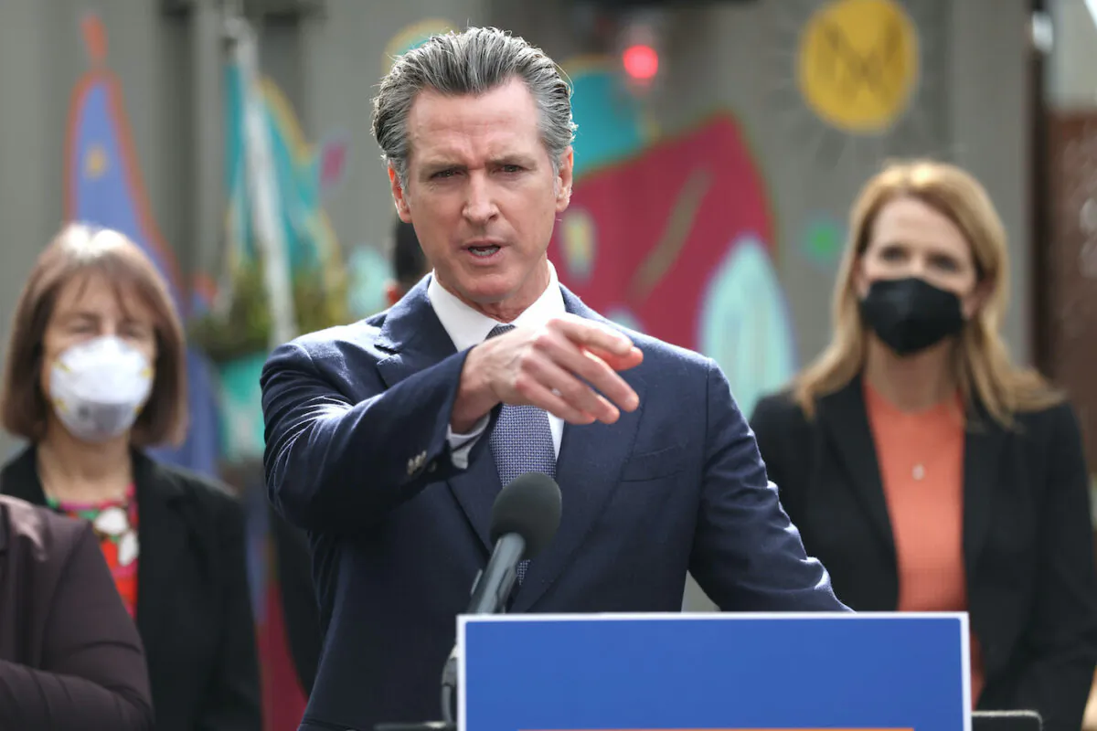 California Gov. Gavin Newsom speaks during a bill signing ceremony in San Francisco, Calif. on Feb. 9, 2022. (Justin Sullivan/Getty Images)