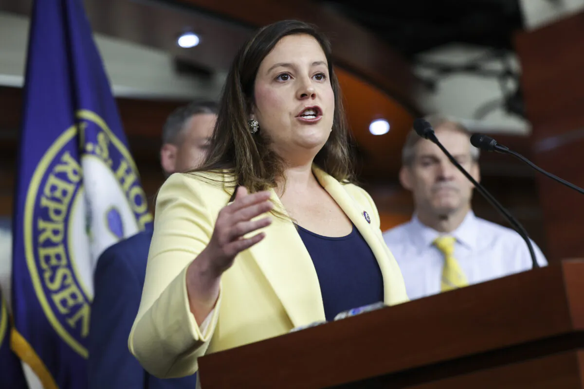House Republican Conference Chair Elise Stefanik (R-NY) (C) speaks at a press conference following a Republican caucus meeting, at the U.S. Capitol in Washington, on June 08, 2022. (Kevin Dietsch/Getty Images)
