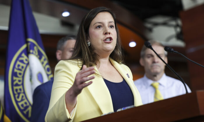 House Republican Conference Chair Elise Stefanik (R-NY) (C) speaks at a press conference following a Republican caucus meeting, at the U.S. Capitol in Washington, on June 08, 2022. (Kevin Dietsch/Getty Images)