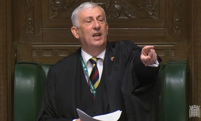 Speaker Sir Lindsay Hoyle as he throws out Alba Party pair Kenny MacAskill (East Lothian) and Neale Hanvey (Kirkcaldy and Cowdenbeath) at the start of Prime Minister's Questions in the House of Commons, London, on July 13, 2022. (House of Commons)