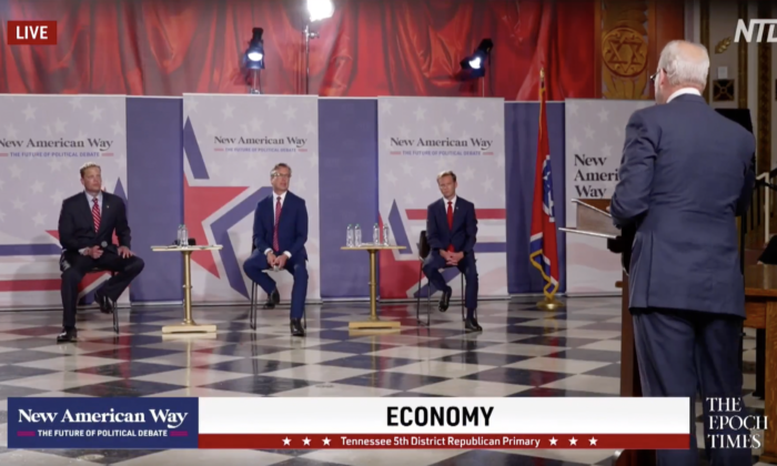 (L-R) Tres Wittum, Andy Ogles, and Jeff Beierlein are questioned by economist Jeffrey Tucker at Tennessee 5th Congressional District debate on July 12. (Screenshot/EpochTV)
