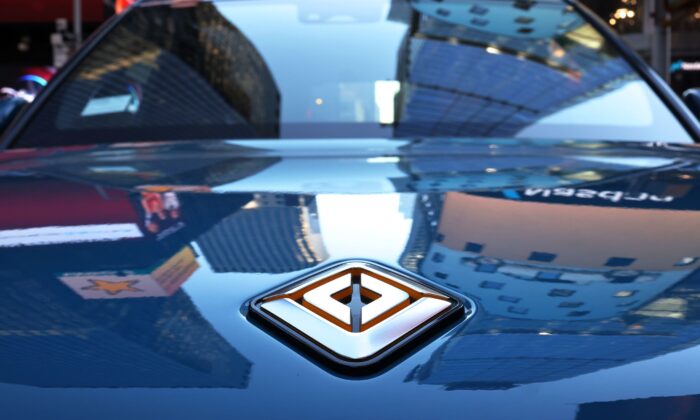 The Rivian electric truck logo on a parked vehicle near the Nasdaq MarketSite building in Times Square in New York on Nov. 10, 2021. (Michael M. Santiago/Getty Images)