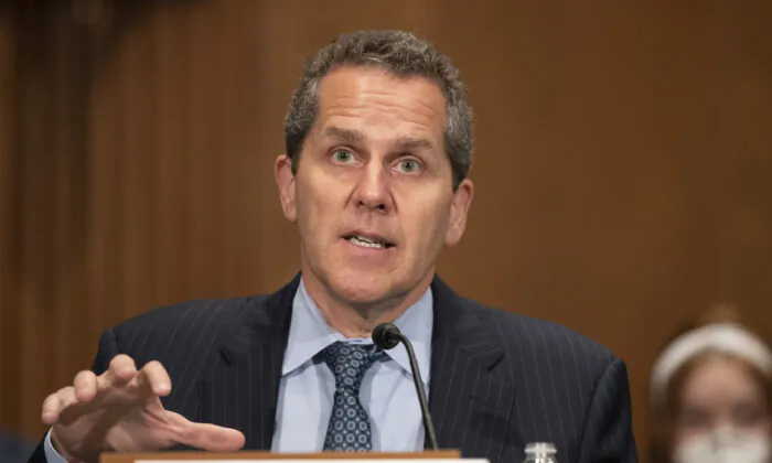 Michael Barr testifies at the Senate Banking, Housing, and Urban Affairs at the U.S. Capitol in Washington, on May 19, 2022. (Tasos Katopodis/Getty Images)