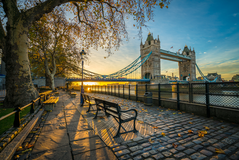 Turm, Brücke, bei, Herbst, Sonnenaufgang, in, London, England