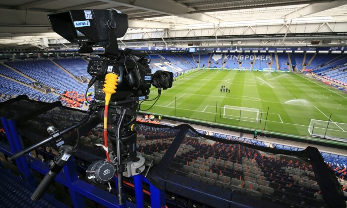 A TV camera sits, waiting for a Premier League match at the King Power Stadium in Leicester on May 2, 2015. (Nigel French/PA)