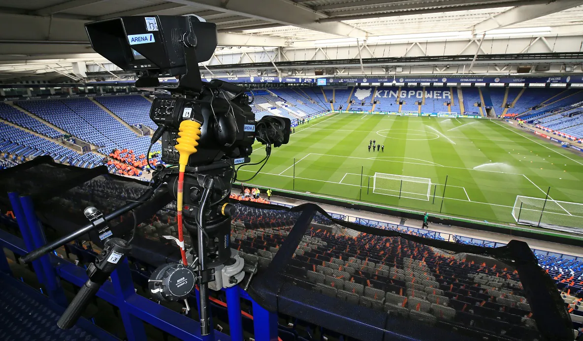 A TV camera sits, waiting for a Premier League match at the King Power Stadium in Leicester on May 2, 2015. (Nigel French/PA)