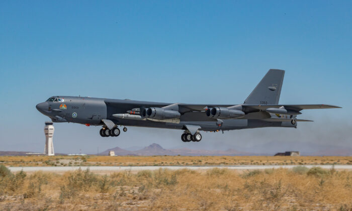 A B-52H Stratofortress carrying an AGM-183A Air-launched Rapid Response Weapon, or ARRW, takes off from Edwards Air Force Base, Calif., on May 14, 2022. (U.S. Air Force/Matt Williams via Reuters)