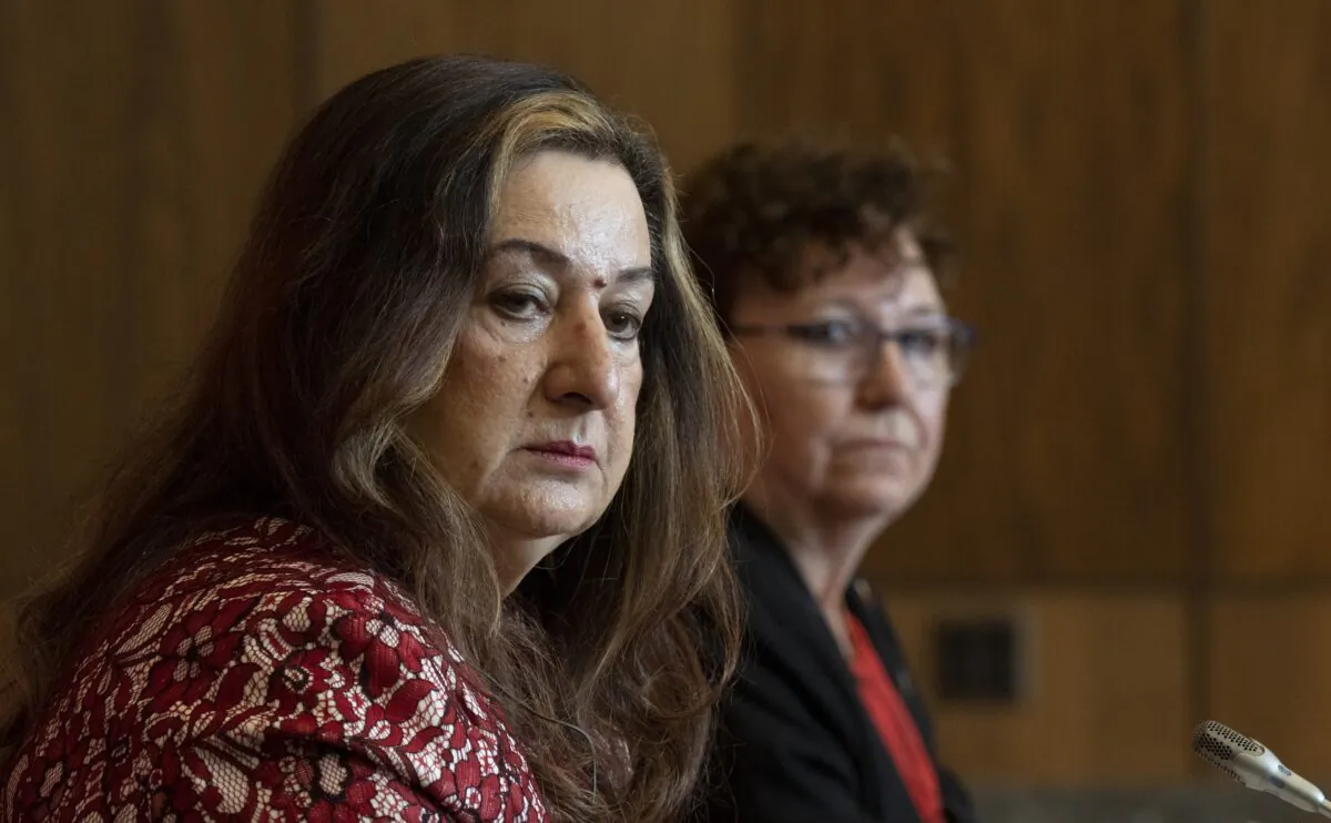 Chair of the Senate committee on Human Rights Senator Salma Ataullahjan and committee member Senator Yvonne Boyer are seen during a news conference on the report on forced and coerced sterilization, on July 14, 2022 in Ottawa. (Adrian Wyld/The Canadian Press)