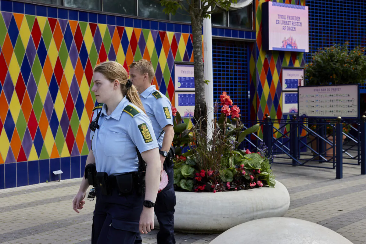 Police at the amusement park Tivoli Friheden where an accident took place in Aarhus, Denmark, on July 14, 2022. (Mikkel Berg Pedersen/Ritzau Scanpix via AP)