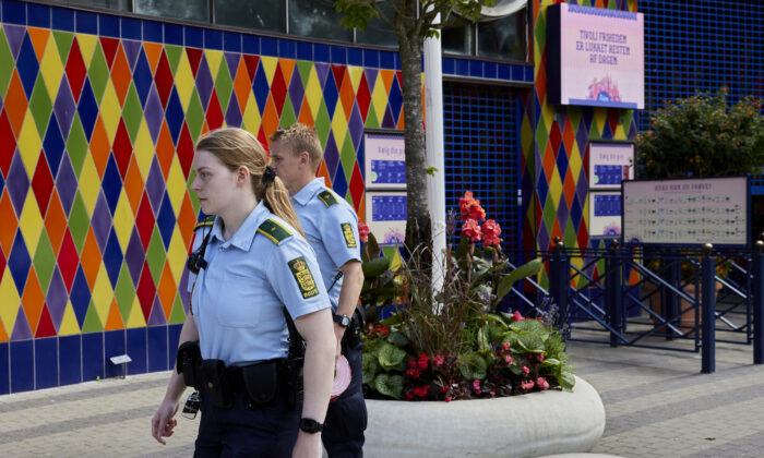 Police at the amusement park Tivoli Friheden where an accident took place in Aarhus, Denmark, on July 14, 2022. (Mikkel Berg Pedersen/Ritzau Scanpix via AP)