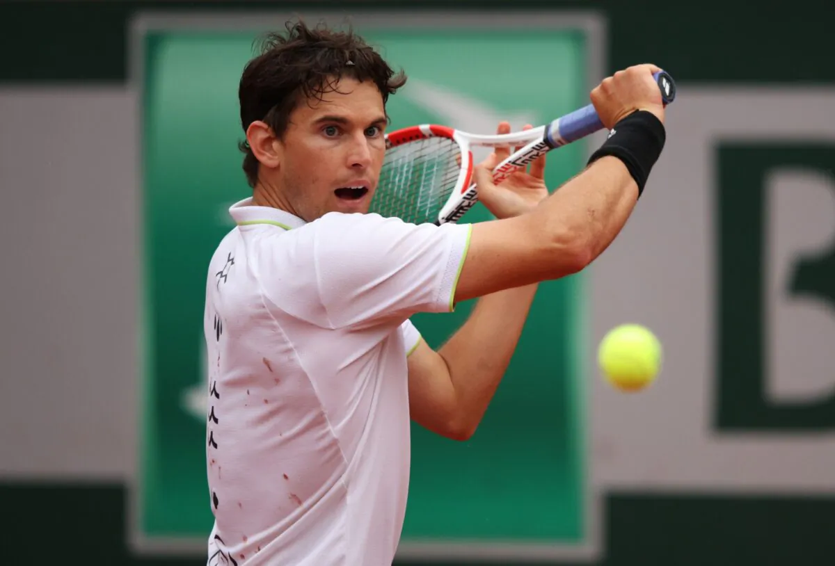 Dominic Thiem of Austria plays a backhand during his mens singles first round against Hugo Dellien of Bolivia on day 1 of the 2022 French Open at Roland Garros in Paris on May 22, 2022. (Adam Pretty/Getty Images)