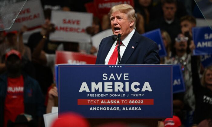 Former U.S. President Donald Trump speaks during a "Save America" in Anchorage, Alaska on July 9, 2022. (Patrick T. Fallon/AFP via Getty Images)