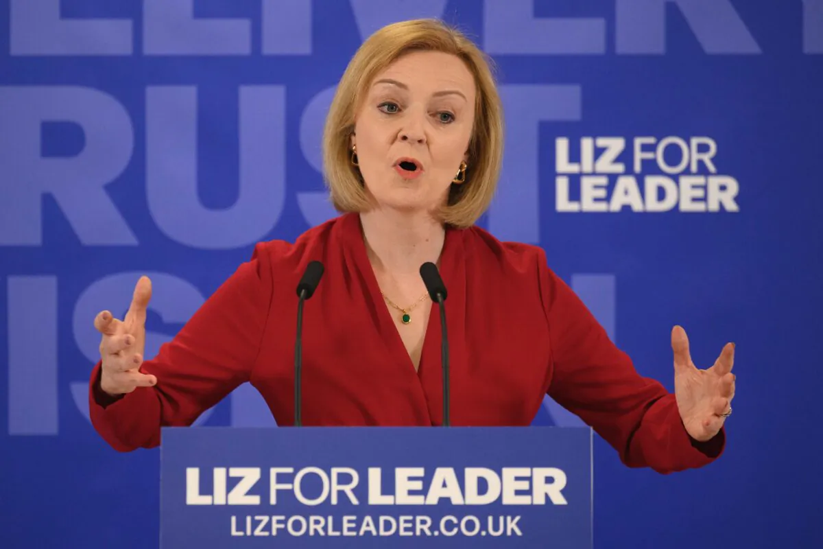 Conservative leadership candidate Liz Truss speaks to supporters and journalists as she launches her campaign to become the next prime minister in London on July 14, 2022. (Leon Neal/Getty Images)